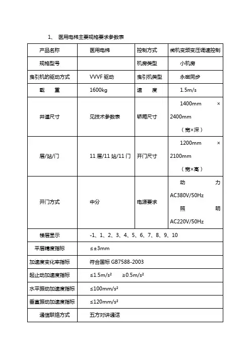 医用电梯主要规格要求参数表