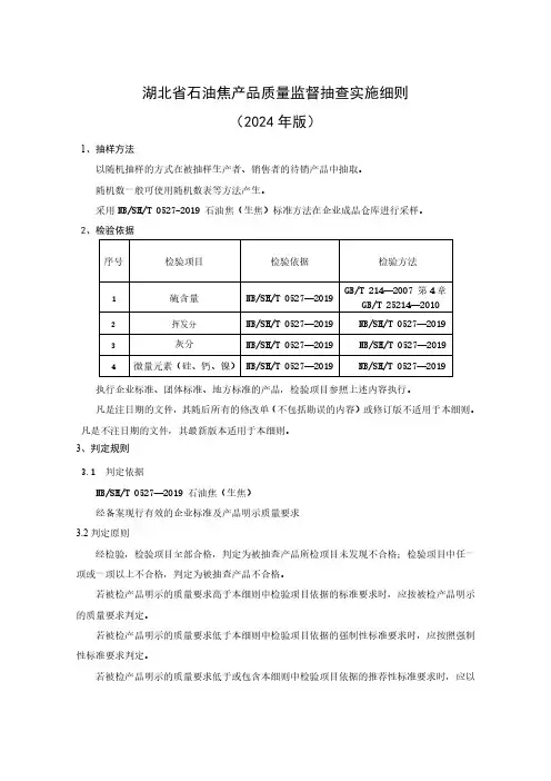 石油焦产品质量监督抽查实施细则