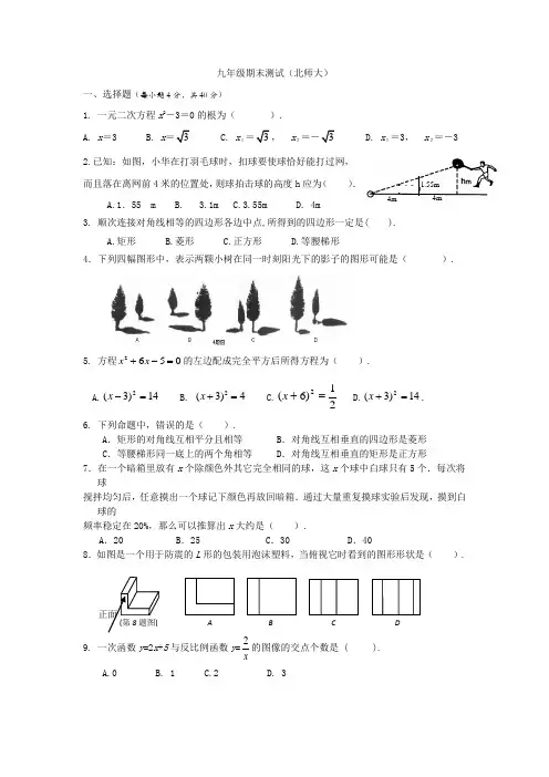 北师大版数学九年级上册期末测试卷(含答案)