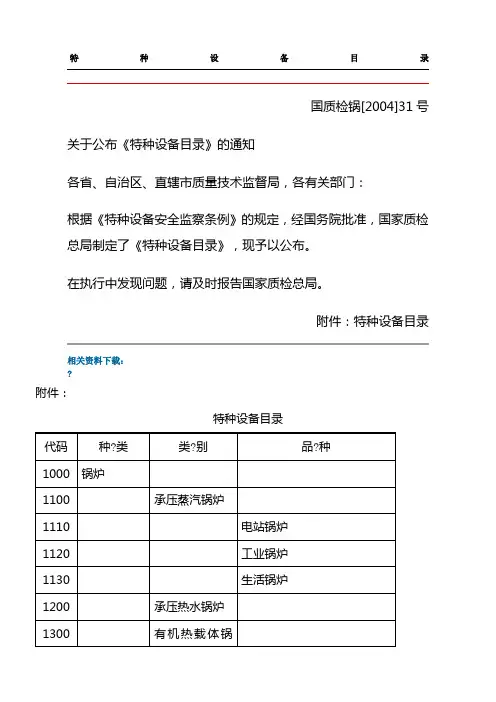 《特种设备目录》(国家质量监督检验检疫总局,国质检锅〔2004〕31号)