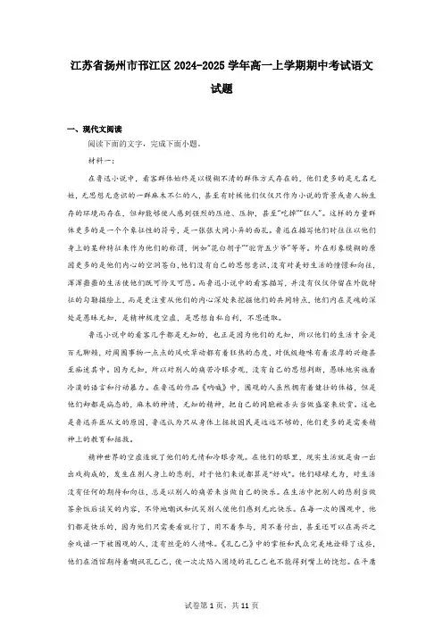 江苏省扬州市邗江区2024-2025学年高一上学期期中考试语文试题及答案