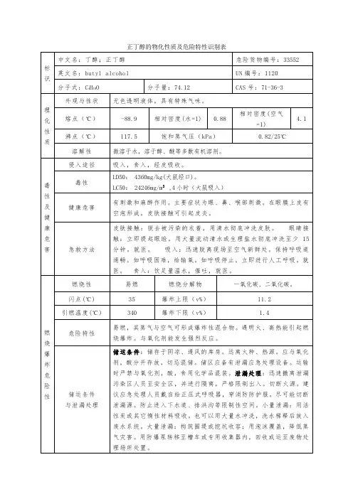 正丁醇的物化性质及危险特性