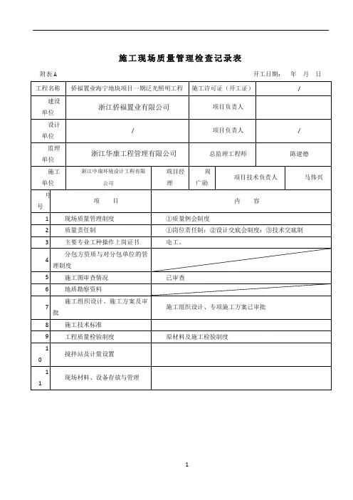 施工现场质量管理检查记录表格填写范例
