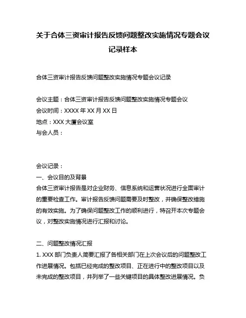 关于合体三资审计报告反馈问题整改实施情况专题会议记录样本