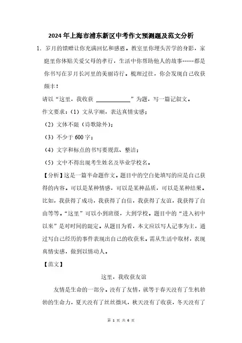 2024年上海市浦东新区中考作文押题及范文分析