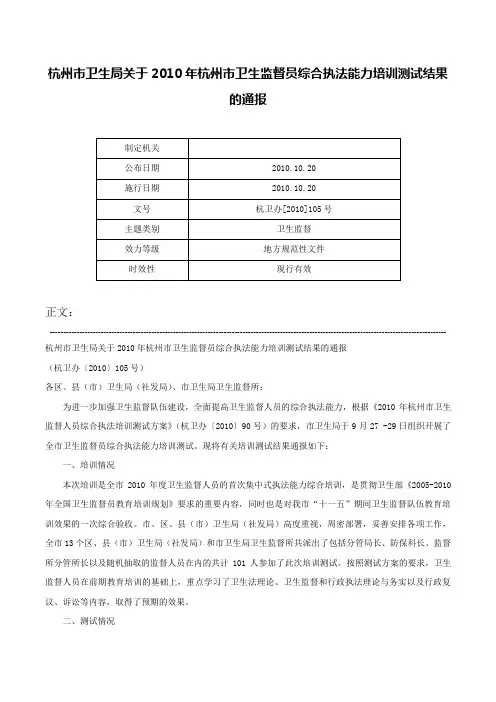 杭州市卫生局关于2010年杭州市卫生监督员综合执法能力培训测试结果的通报-杭卫办[2010]105号