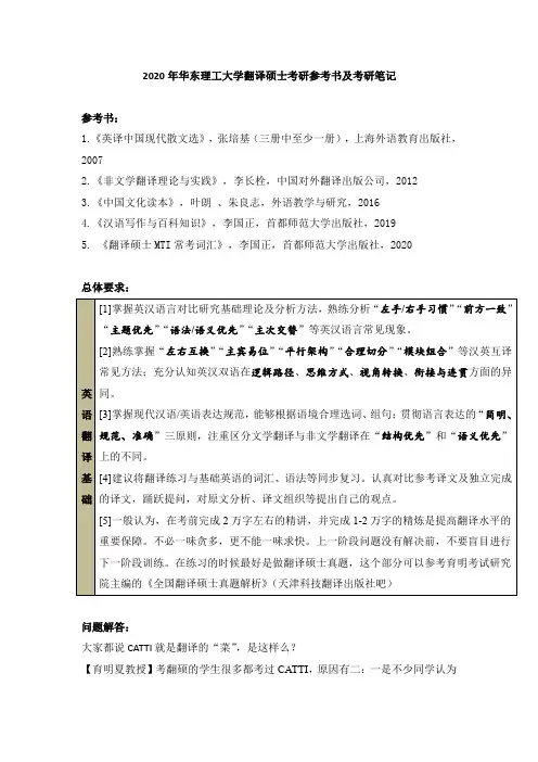 2020年华东理工大学翻译硕士考研参考书及考研笔记