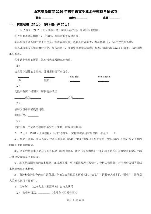 山东省淄博市2020年初中语文学业水平模拟考试试卷
