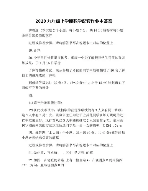 2020九年级上学期数学配套作业本答案