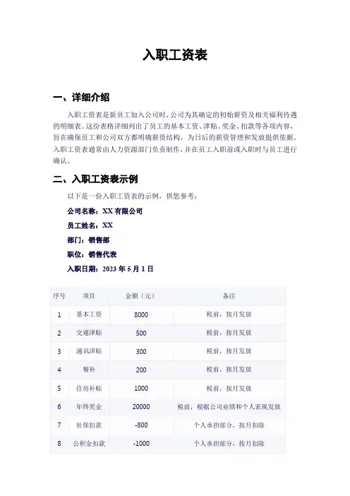 入职工资表