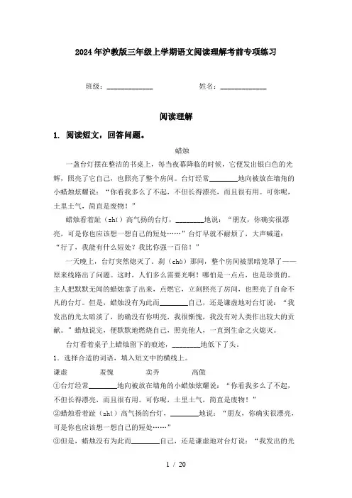 2024年沪教版三年级上学期语文阅读理解考前专项练习