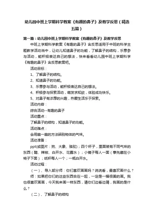 幼儿园中班上学期科学教案《有趣的鼻子》及教学反思（精选五篇）