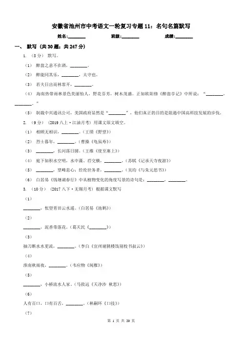 安徽省池州市中考语文一轮复习专题11：名句名篇默写