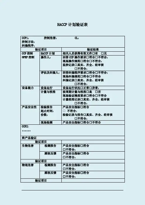 2020年 HACCP培训-HACCP计划验证表
