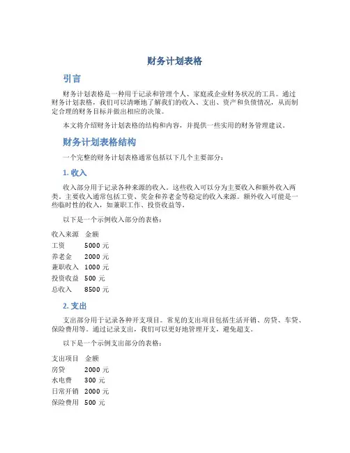 财务计划表格