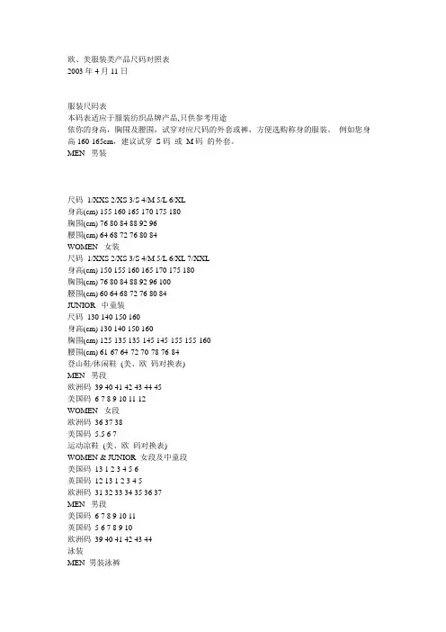 各国尺码对照表