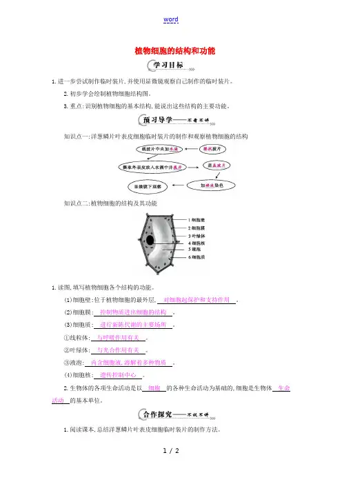 七年级生物上册 第三章 第一节《植物细胞的结构和功能》导学案 (新版)苏教版-(新版)苏教版初中七年