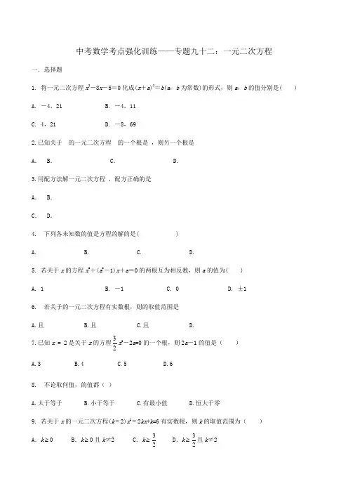 九年级数学中考考点强化训练专题：一元二次方程