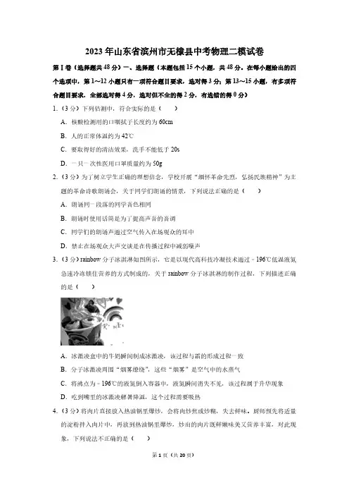 2023年山东省滨州市无棣县中考物理二模试卷(含解析)