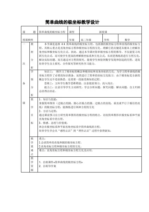 高中数学_简单曲线的极坐标方程教学设计学情分析教材分析课后反思