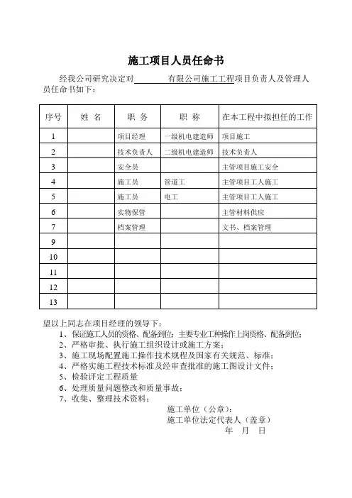 工程项目管理班子组成任命书