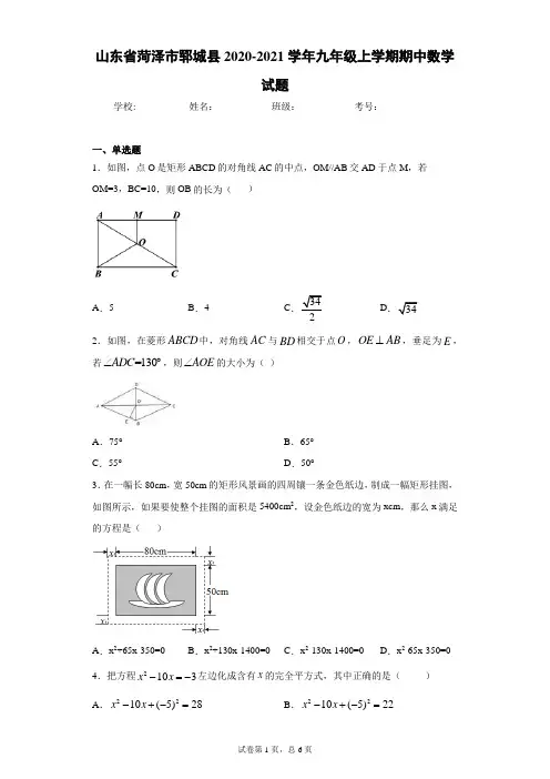 山东省菏泽市郓城县2020-2021学年九年级上学期期中数学试题