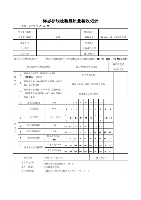 道路标线标识检验批质量验收记录
