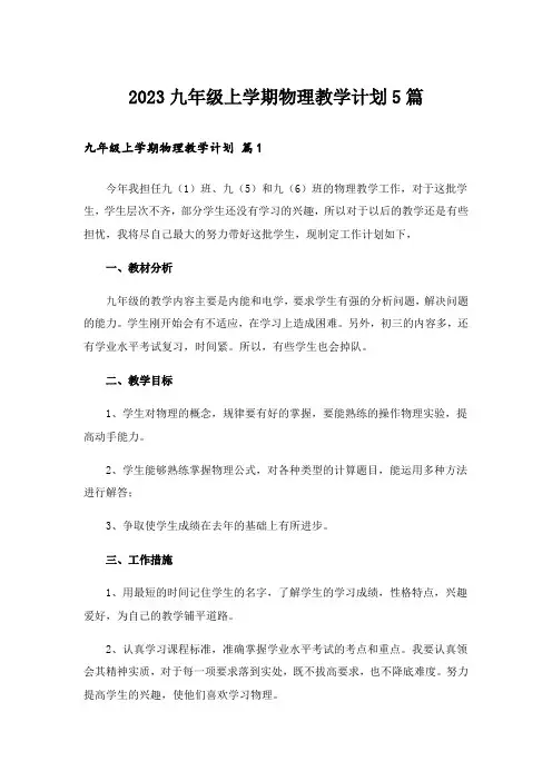 2023九年级上学期物理教学计划5篇