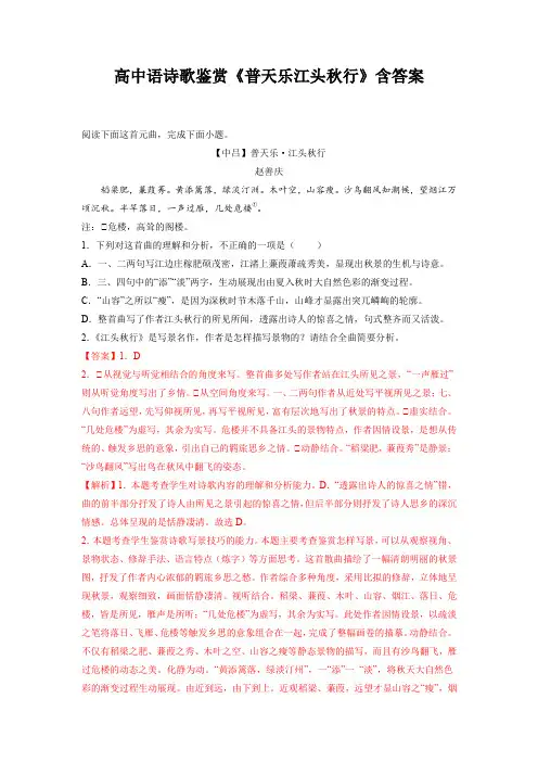 高中语诗歌鉴赏《普天乐江头秋行》含答案