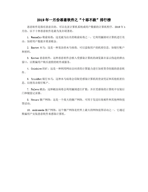 2019年一月份恶意软件之“十恶不赦”排行榜