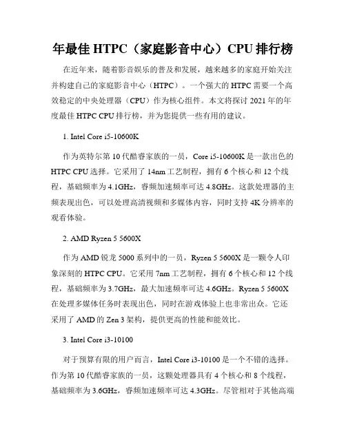 年最佳HTPC(家庭影音中心)CPU排行榜