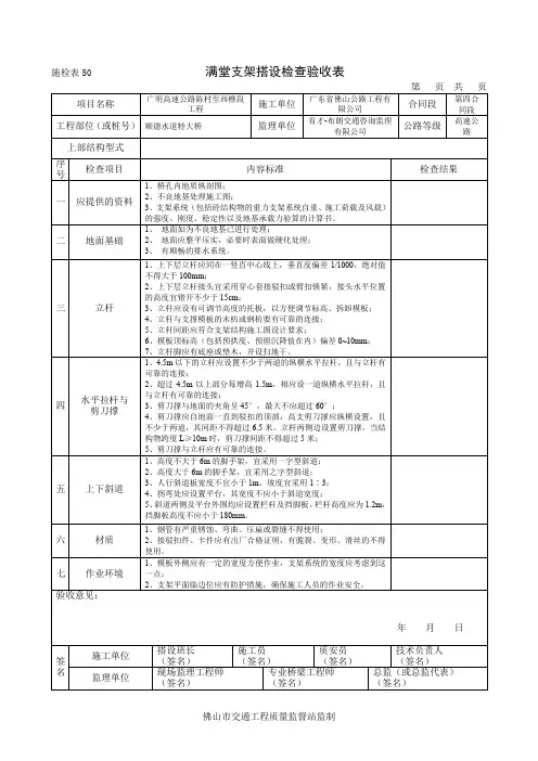 满堂支架搭设检查验收表