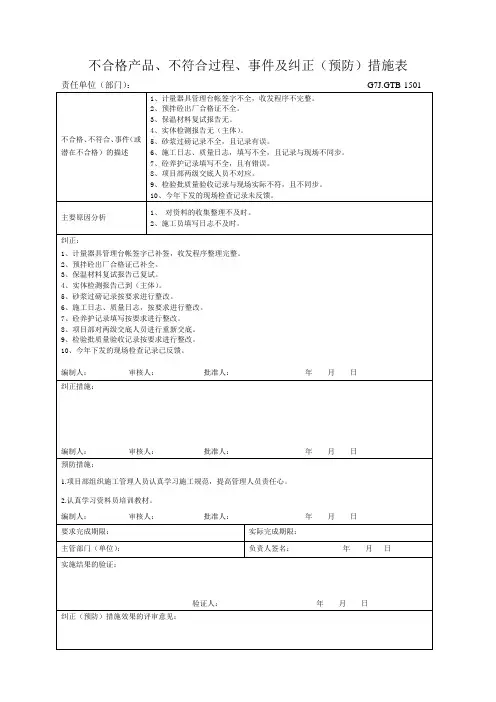 不合格产品、不符合过程、事件及纠正(预防)措施表