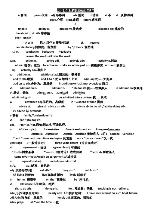 中考英语考纲重点词汇用法总结