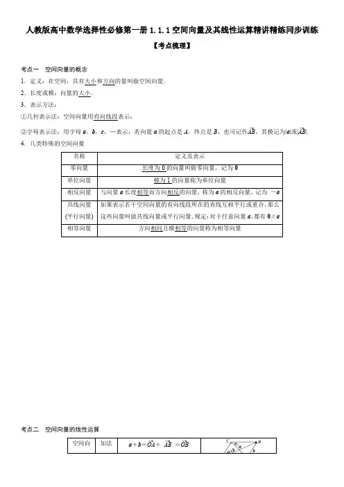 人教版高中数学选择性必修第一册1.1.1空间向量及其线性运算精讲精练同步训练