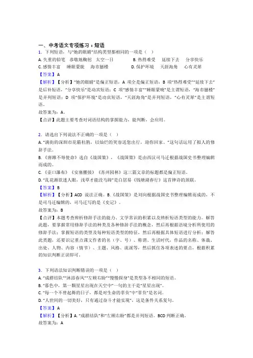 【精品】初中中考 语文期末专题复习 短语训练含答案