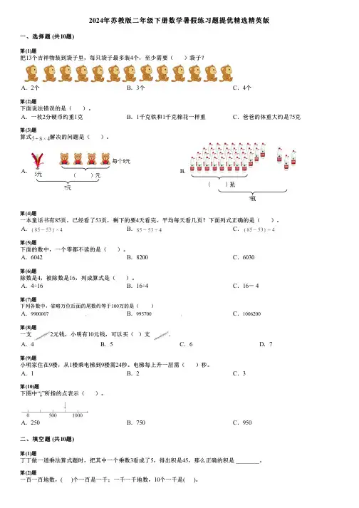 2024年苏教版二年级下册数学暑假练习题提优精选精英版