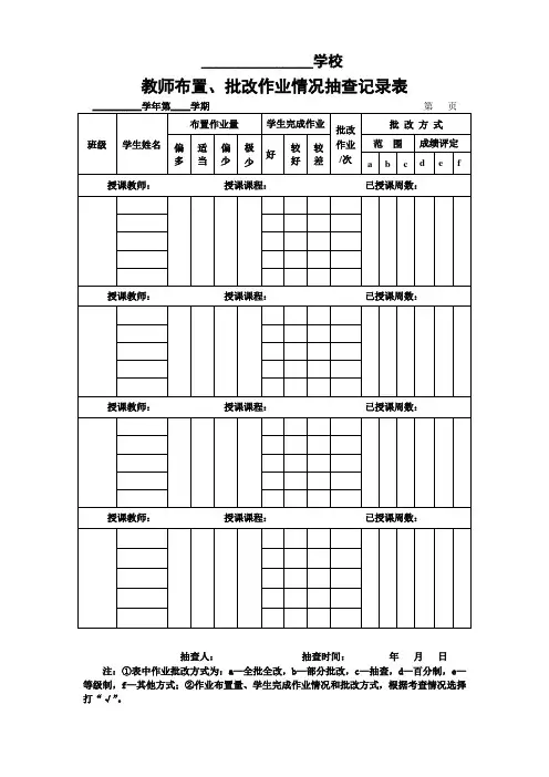 教师布置、批改作业情况抽查记录表