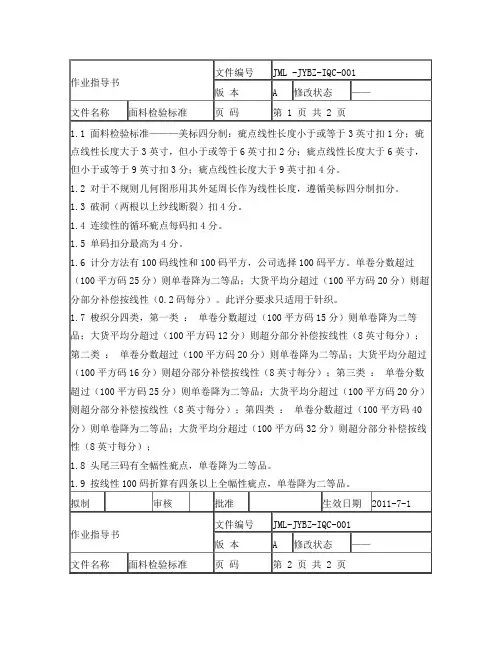 四分制面料检验标准