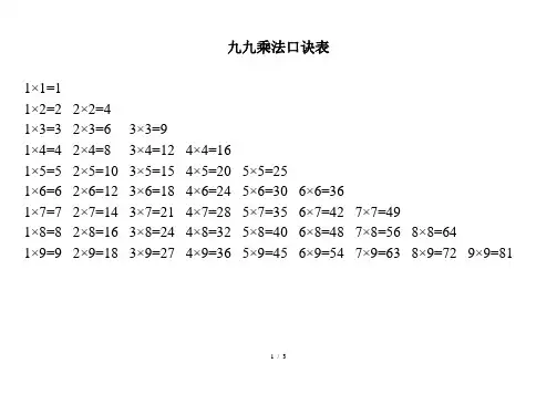 九九乘法口诀表(全word打印版)