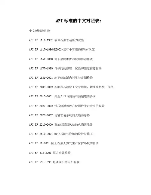 API标准的中文对照表