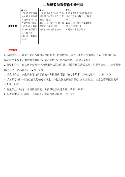 二年级数学寒假作业设计