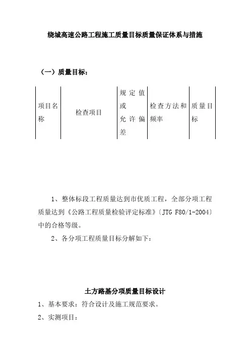 绕城高速公路工程施工质量目标质量保证体系与措施