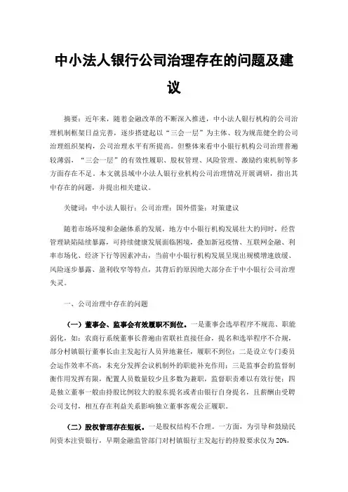 中小法人银行公司治理存在的问题及建议