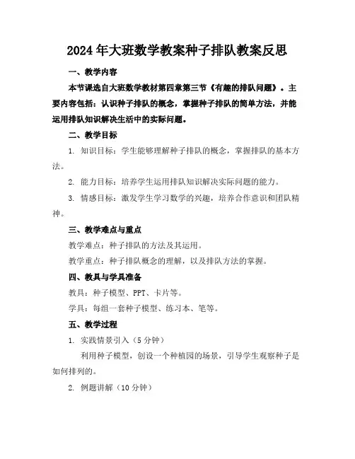 2024年大班数学教案种子排队教案反思