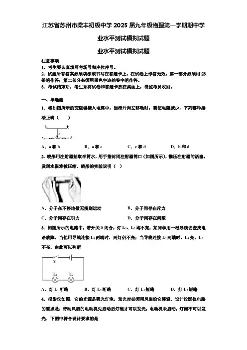 江苏省苏州市梁丰初级中学2025届九年级物理第一学期期中学业水平测试模拟试题含解析