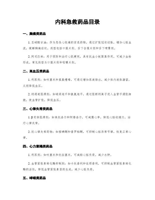 内科急救药品目录