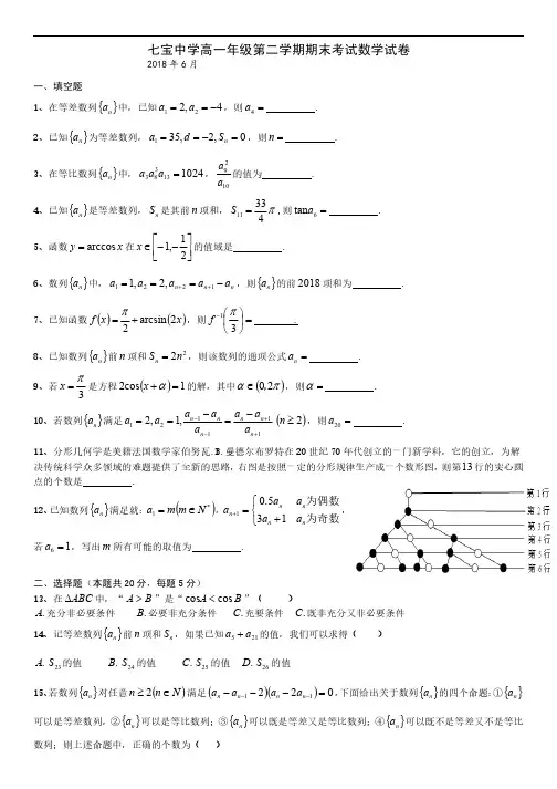 七宝中学2017-2018高一下期末数学卷(原卷)