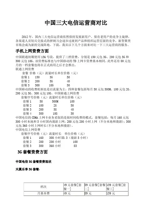 三大运营商对比