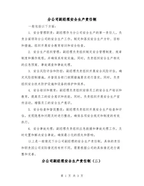 分公司副经理安全生产责任制（三篇）